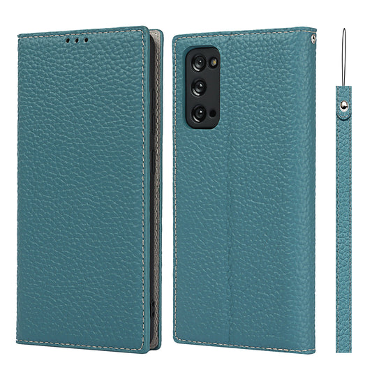 Litchi Texture Stand Genuine Leather Case with Strap for Samsung Galaxy S20 FE/S20 FE 5G/S20 Lite/S20 FE 2022 - Baby Blue