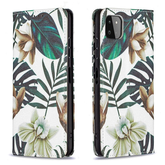 Auto-absorbed Pattern Printing PU Leather Case Cover with Wallet Stand Design for Samsung Galaxy A22 5G (EU Version) - Leaves