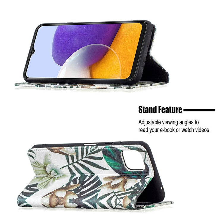 Auto-absorbed Pattern Printing PU Leather Case Cover with Wallet Stand Design for Samsung Galaxy A22 5G (EU Version) - Leaves