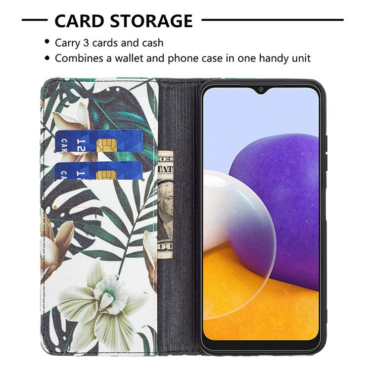 Auto-absorbed Pattern Printing PU Leather Case Cover with Wallet Stand Design for Samsung Galaxy A22 5G (EU Version) - Leaves