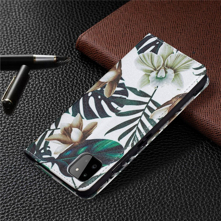 Auto-absorbed Pattern Printing PU Leather Case Cover with Wallet Stand Design for Samsung Galaxy A22 5G (EU Version) - Leaves