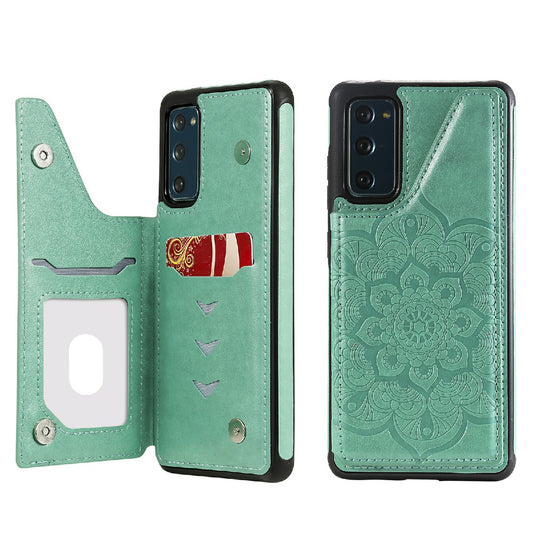 KT Leather Coated Series-9 Mandala Flower Pattern PU Leather+TPU Card Holder Kickstand Case for Samsung Galaxy S20 FE - Green