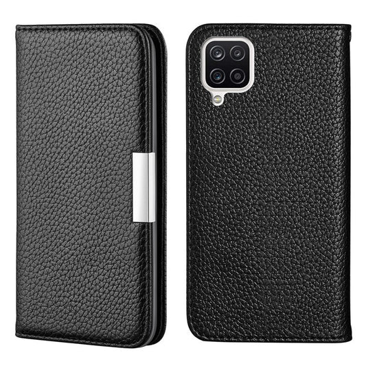 Metal Buckle Design Litchi Skin Auto-absorbed Leather Phone Shell Case with Card Slots for Samsung Galaxy A22 4G (EU Version) - Black