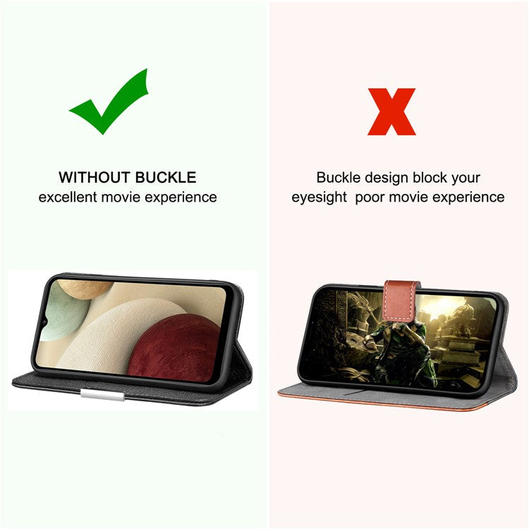 Metal Buckle Design Litchi Skin Auto-absorbed Leather Phone Shell Case with Card Slots for Samsung Galaxy A22 4G (EU Version) - Black