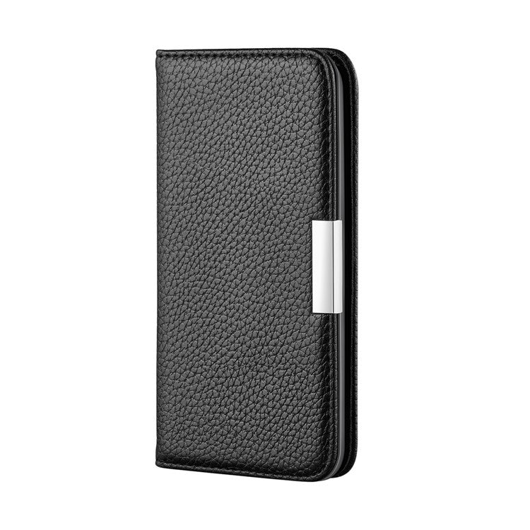 Metal Buckle Design Litchi Skin Auto-absorbed Leather Phone Shell Case with Card Slots for Samsung Galaxy A22 4G (EU Version) - Black