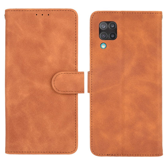 Silky Touch Leather Wallet Phone Cover Stand Case for Samsung Galaxy M12/F12 - Brown