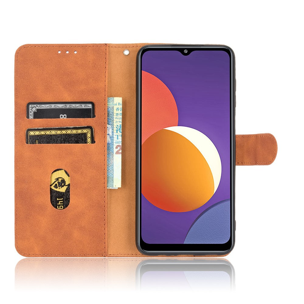 Silky Touch Leather Wallet Phone Cover Stand Case for Samsung Galaxy M12/F12 - Brown