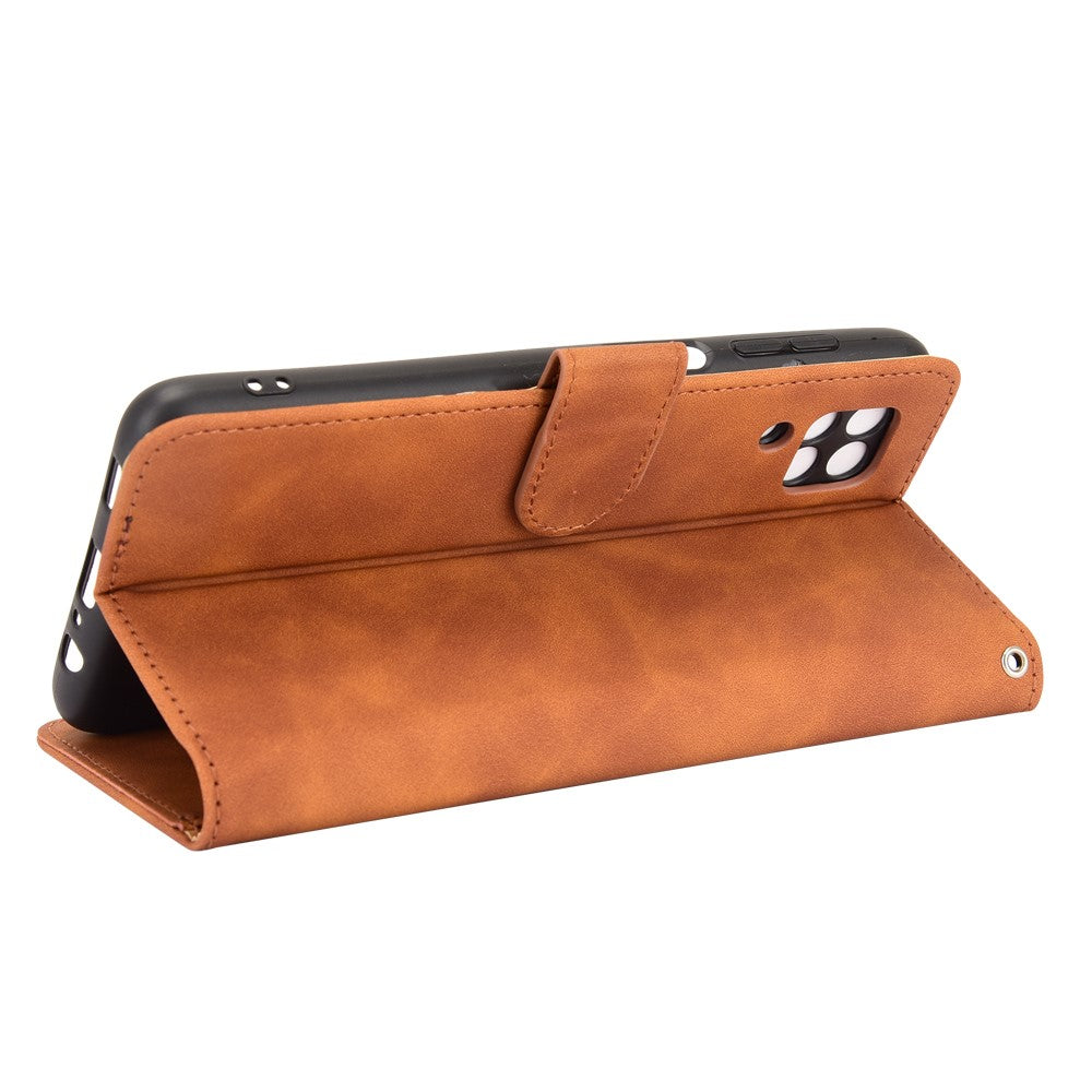 Silky Touch Leather Wallet Phone Cover Stand Case for Samsung Galaxy M12/F12 - Brown