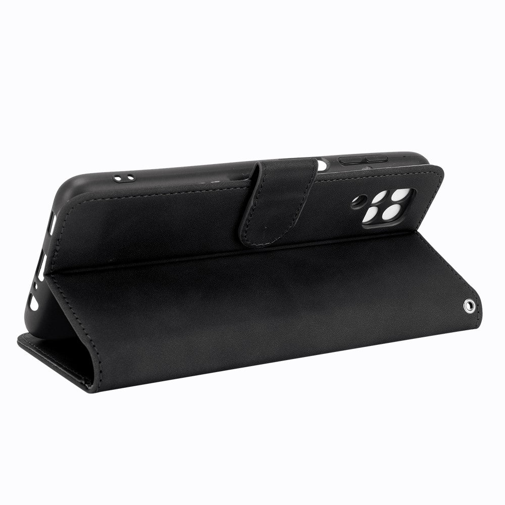 Silky Touch Leather Wallet Phone Cover Stand Case for Samsung Galaxy M12/F12 - Black