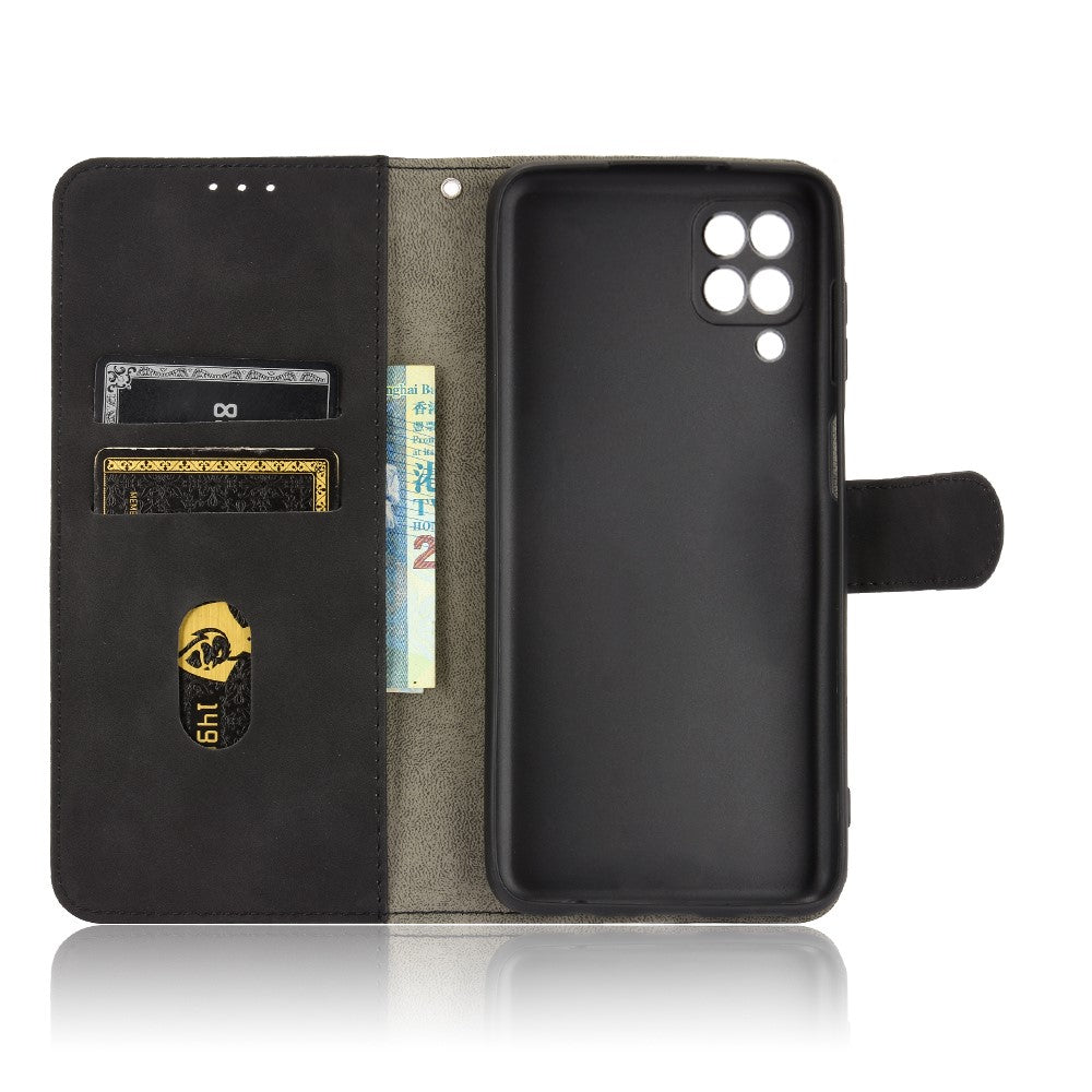Silky Touch Leather Wallet Phone Cover Stand Case for Samsung Galaxy M12/F12 - Black