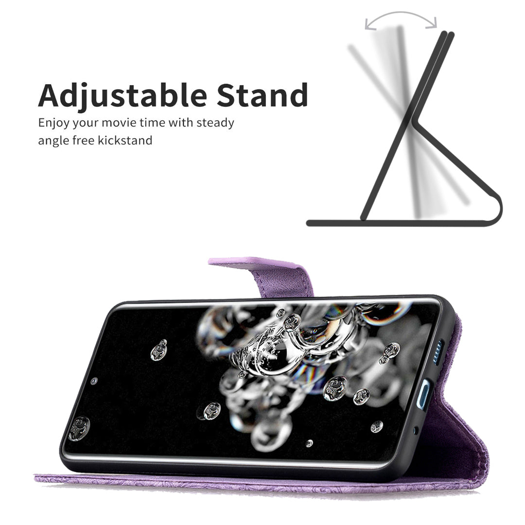 Imprint Butterfly Flower Leather Wallet Shell Cover for Samsung Galaxy S20 Ultra - Purple
