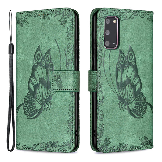 Imprint Butterfly Flower Leather Wallet Shell Case for Samsung Galaxy S20 4G/S20 5G - Green
