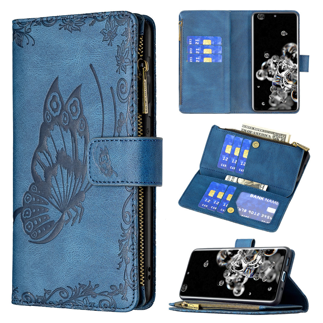 PU Leather Wallet Case for Samsung Galaxy S20 Ultra, Zipper Pocket Pattern Stand Flip Phone Cover - Blue