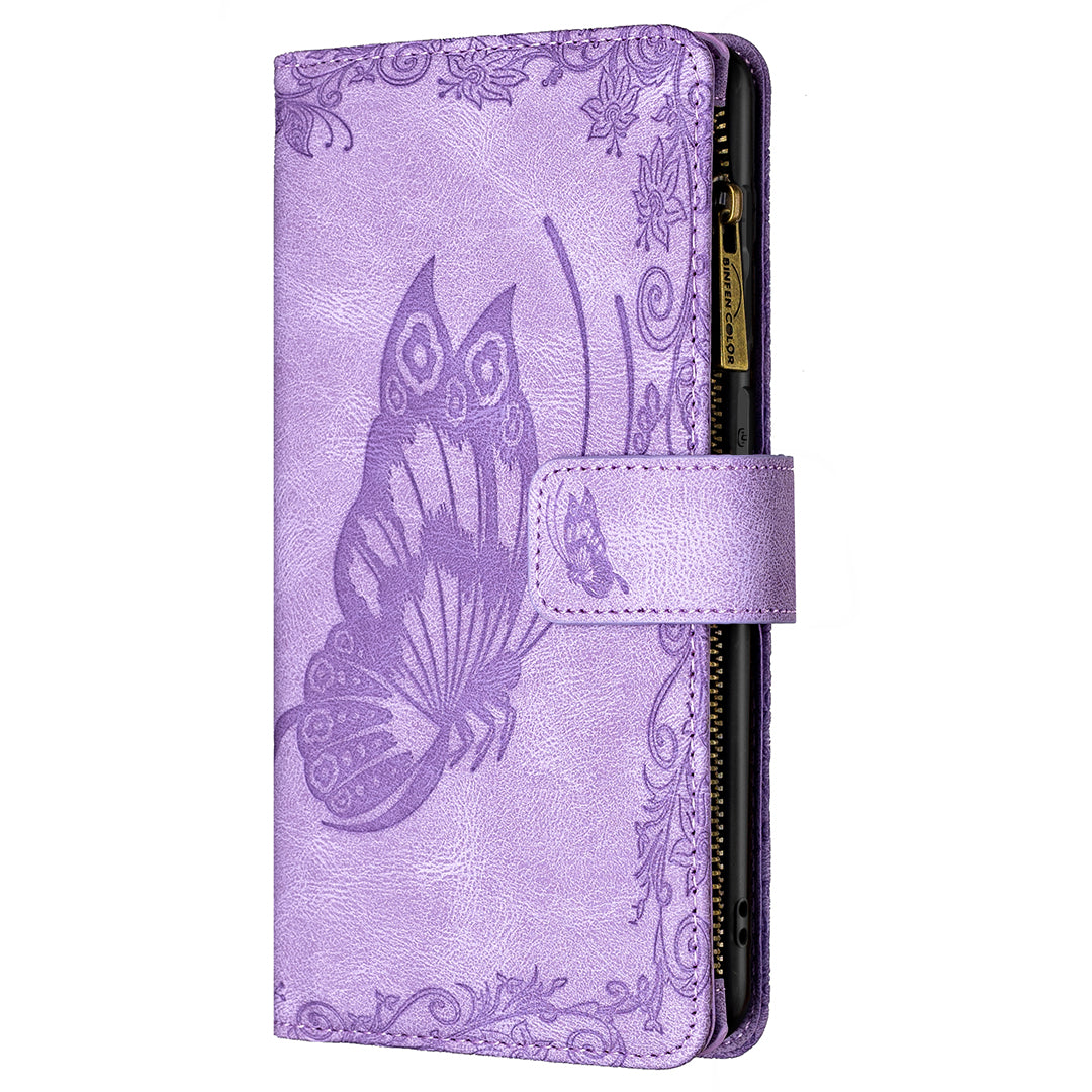 PU Leather Wallet Case for Samsung Galaxy S20 Ultra, Zipper Pocket Pattern Stand Flip Phone Cover - Purple
