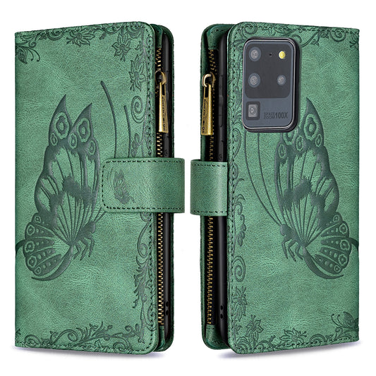 PU Leather Wallet Case for Samsung Galaxy S20 Ultra, Zipper Pocket Pattern Stand Flip Phone Cover - Green