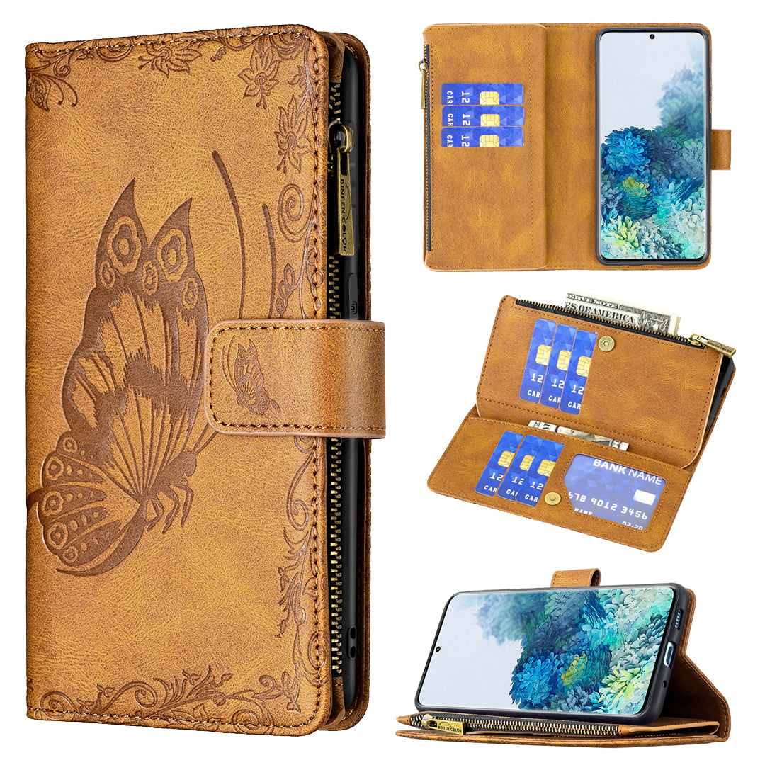 For Samsung Galaxy S20 Plus 4G / 5G Phone Case Zipper Pocket Design PU Leather Pattern Wallet Stand Cover - Brown