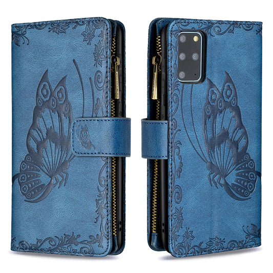 For Samsung Galaxy S20 Plus 4G / 5G Phone Case Zipper Pocket Design PU Leather Pattern Wallet Stand Cover - Blue