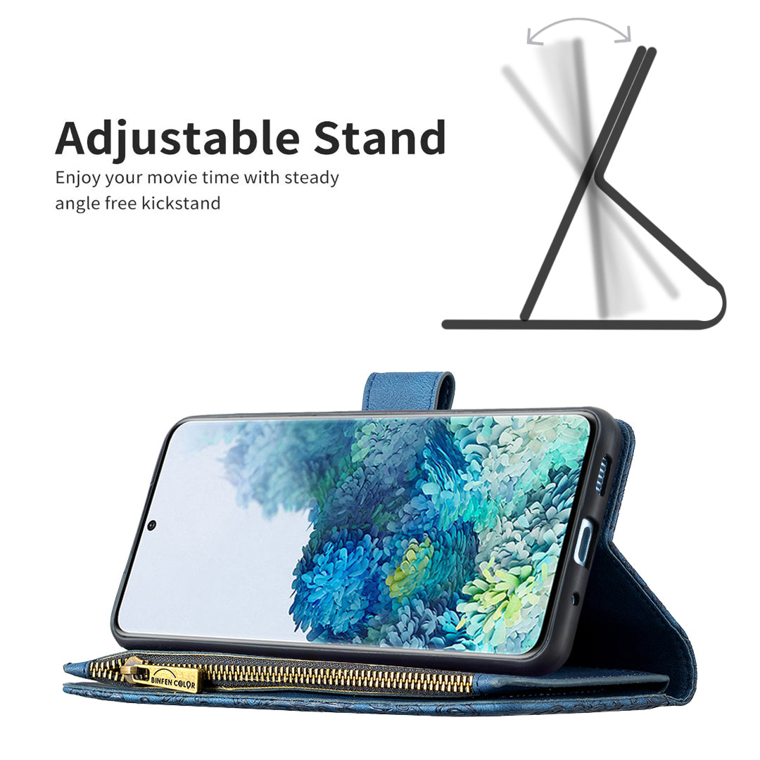 For Samsung Galaxy S20 Plus 4G / 5G Phone Case Zipper Pocket Design PU Leather Pattern Wallet Stand Cover - Blue