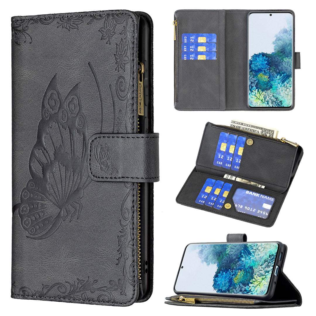 For Samsung Galaxy S20 Plus 4G / 5G Phone Case Zipper Pocket Design PU Leather Pattern Wallet Stand Cover - Black
