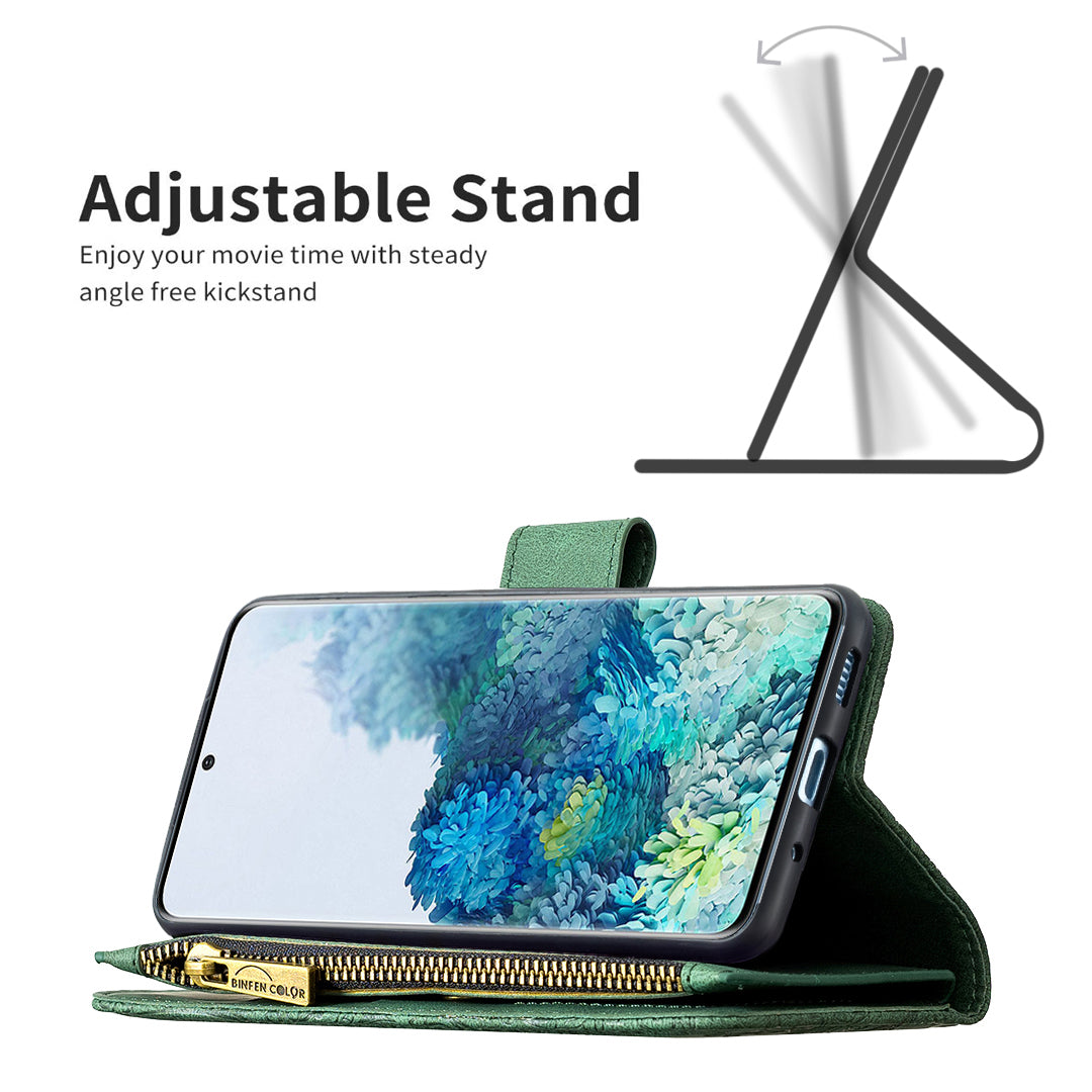 For Samsung Galaxy S20 Plus 4G / 5G Phone Case Zipper Pocket Design PU Leather Pattern Wallet Stand Cover - Green