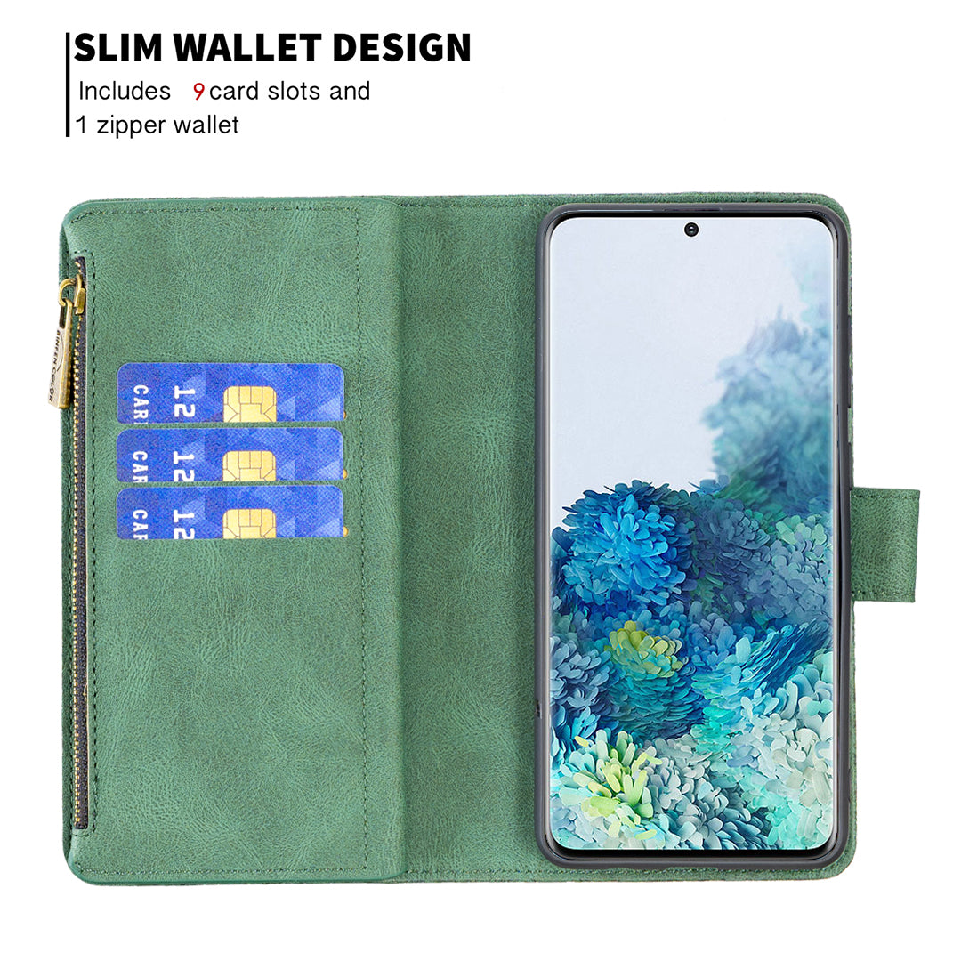 For Samsung Galaxy S20 Plus 4G / 5G Phone Case Zipper Pocket Design PU Leather Pattern Wallet Stand Cover - Green
