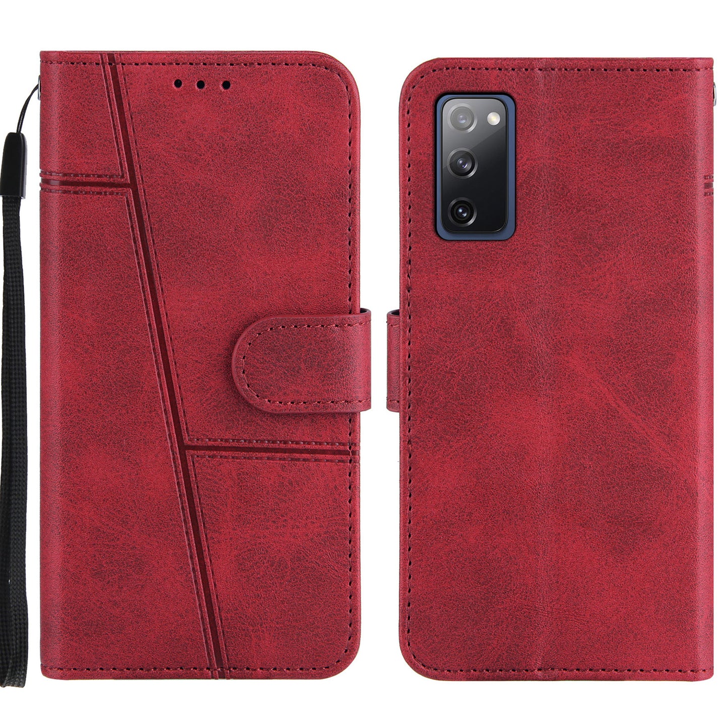 Full Protection Wallet Stand Design Concise Splicing Leather Phone Cover Case with Strap for Samsung Galaxy S20 FE 2022/S20 FE 4G/S20 FE 5G/S20 Lite - Red