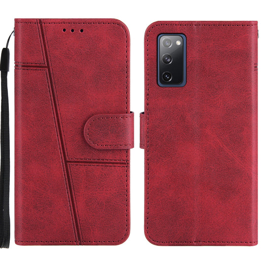 Full Protection Wallet Stand Design Concise Splicing Leather Phone Cover Case with Strap for Samsung Galaxy S20 FE 2022/S20 FE 4G/S20 FE 5G/S20 Lite - Red