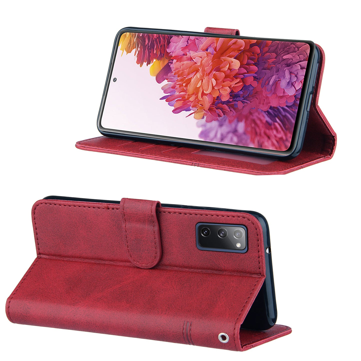 Full Protection Wallet Stand Design Concise Splicing Leather Phone Cover Case with Strap for Samsung Galaxy S20 FE 2022/S20 FE 4G/S20 FE 5G/S20 Lite - Red