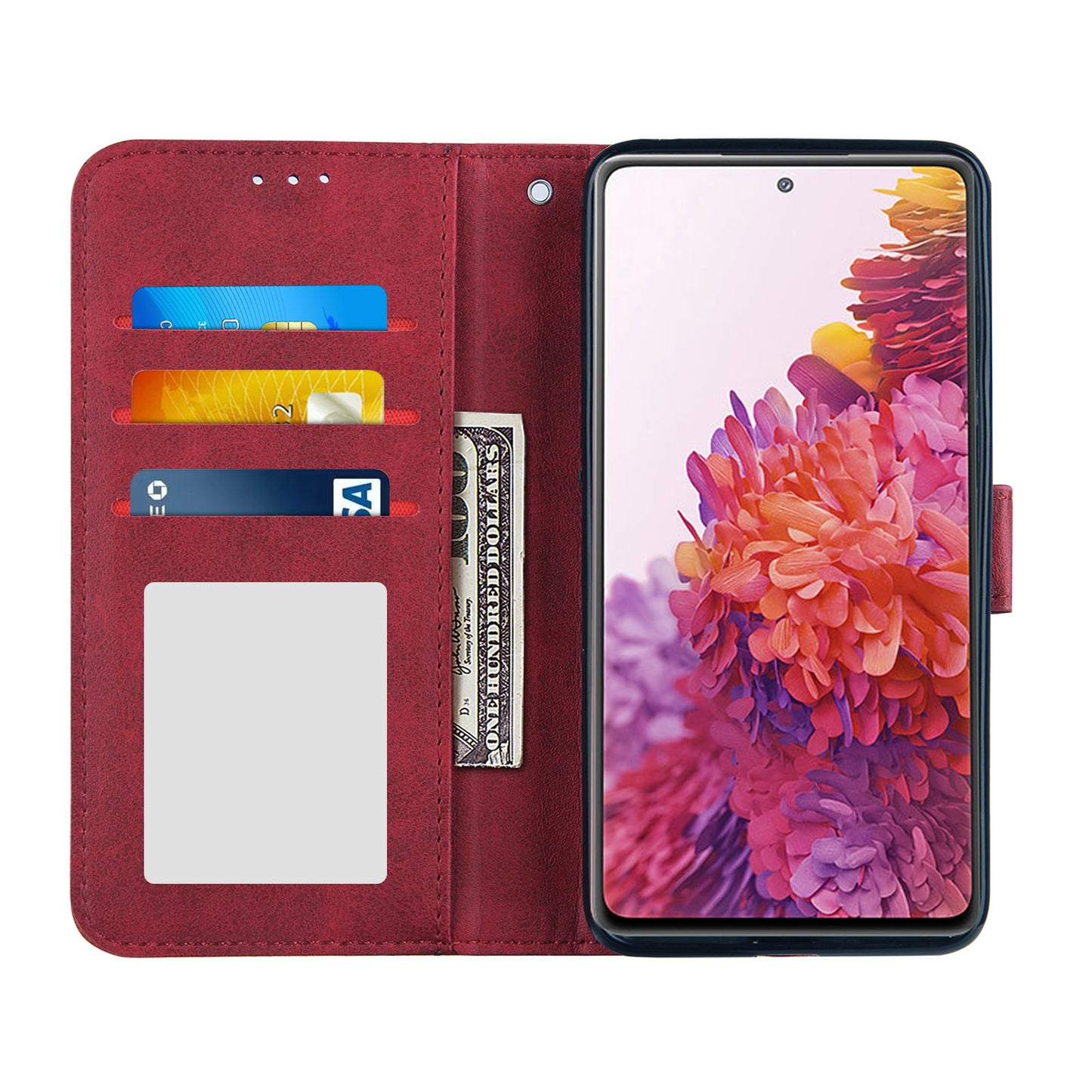 Full Protection Wallet Stand Design Concise Splicing Leather Phone Cover Case with Strap for Samsung Galaxy S20 FE 2022/S20 FE 4G/S20 FE 5G/S20 Lite - Red