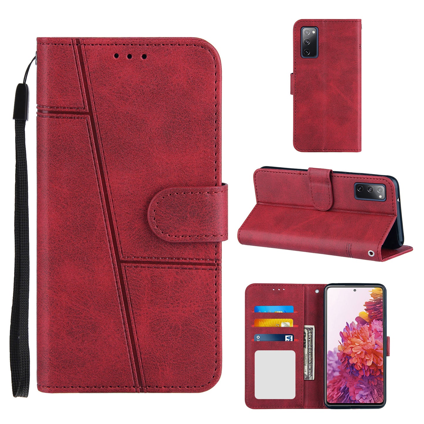 Full Protection Wallet Stand Design Concise Splicing Leather Phone Cover Case with Strap for Samsung Galaxy S20 FE 2022/S20 FE 4G/S20 FE 5G/S20 Lite - Red