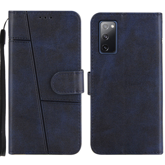 Full Protection Wallet Stand Design Concise Splicing Leather Phone Cover Case with Strap for Samsung Galaxy S20 FE 2022/S20 FE 4G/S20 FE 5G/S20 Lite - Blue