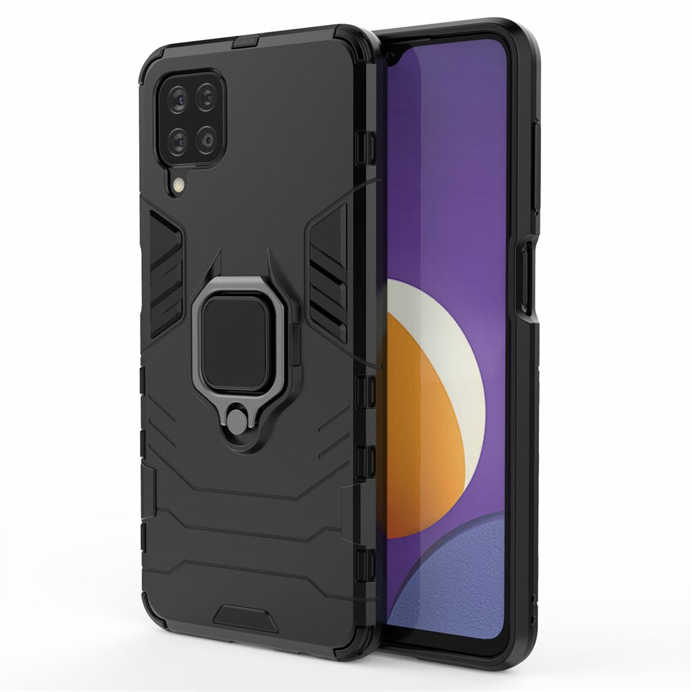 Cool Guard Ring Holder Kickstand PC TPU Hybrid Case Protective Shell for Samsung Galaxy M12 - Black