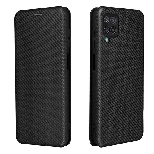 Auto-absorbed Carbon Fiber Texture Card Slot Leather Phone Case for Samsung Galaxy M12/F12 - Black
