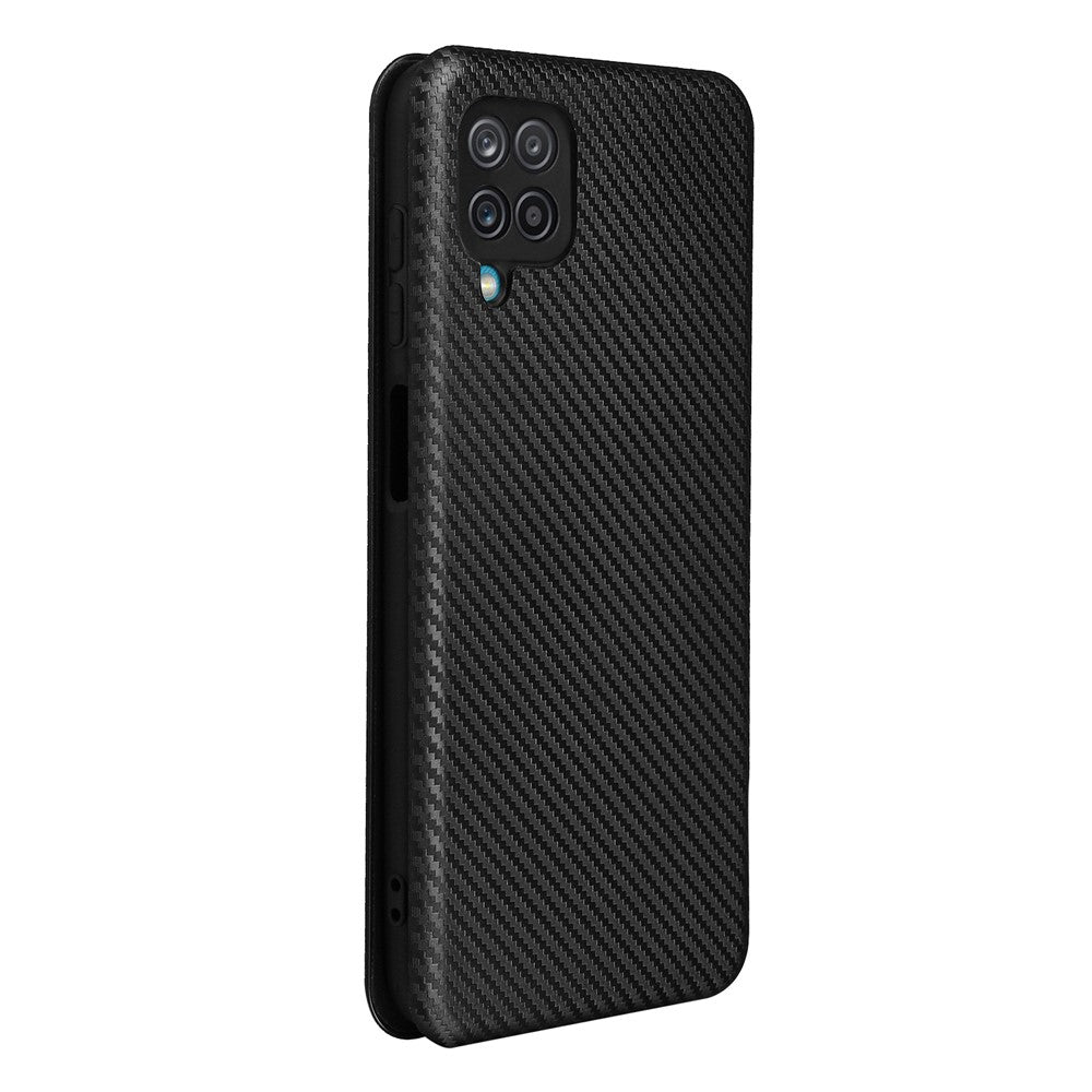 Auto-absorbed Carbon Fiber Texture Card Slot Leather Phone Case for Samsung Galaxy M12/F12 - Black