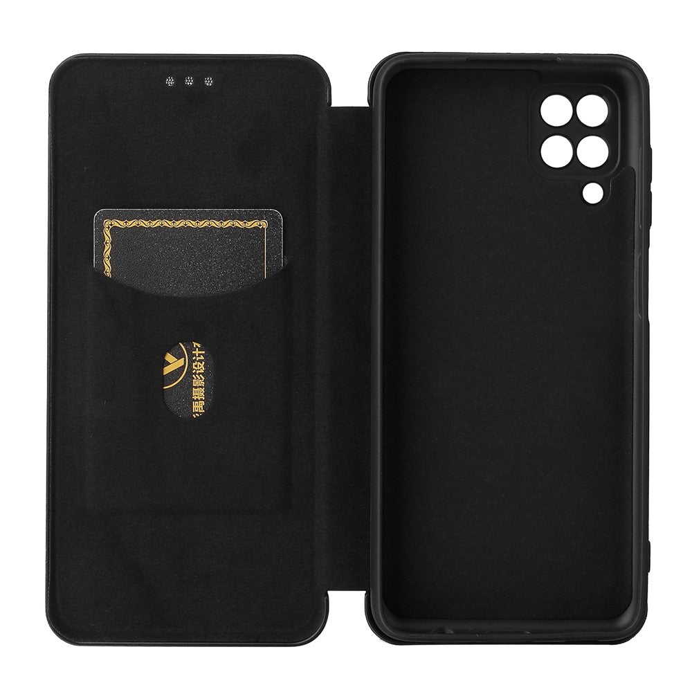 Auto-absorbed Carbon Fiber Texture Card Slot Leather Phone Case for Samsung Galaxy M12/F12 - Black
