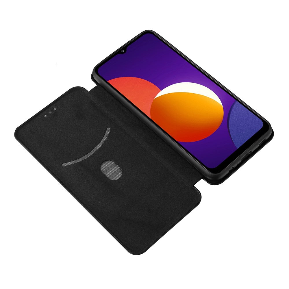 Auto-absorbed Carbon Fiber Texture Card Slot Leather Phone Case for Samsung Galaxy M12/F12 - Black