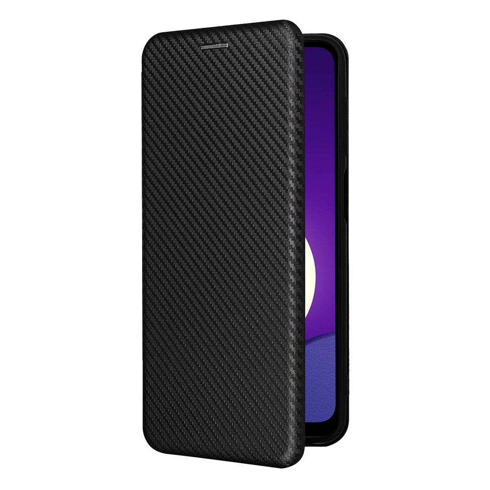 Auto-absorbed Carbon Fiber Texture Card Slot Leather Phone Case for Samsung Galaxy M12/F12 - Black