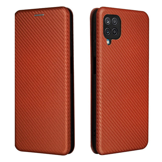 Auto-absorbed Carbon Fiber Texture Card Slot Leather Phone Case for Samsung Galaxy M12/F12 - Orange