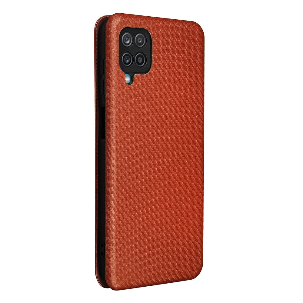 Auto-absorbed Carbon Fiber Texture Card Slot Leather Phone Case for Samsung Galaxy M12/F12 - Orange