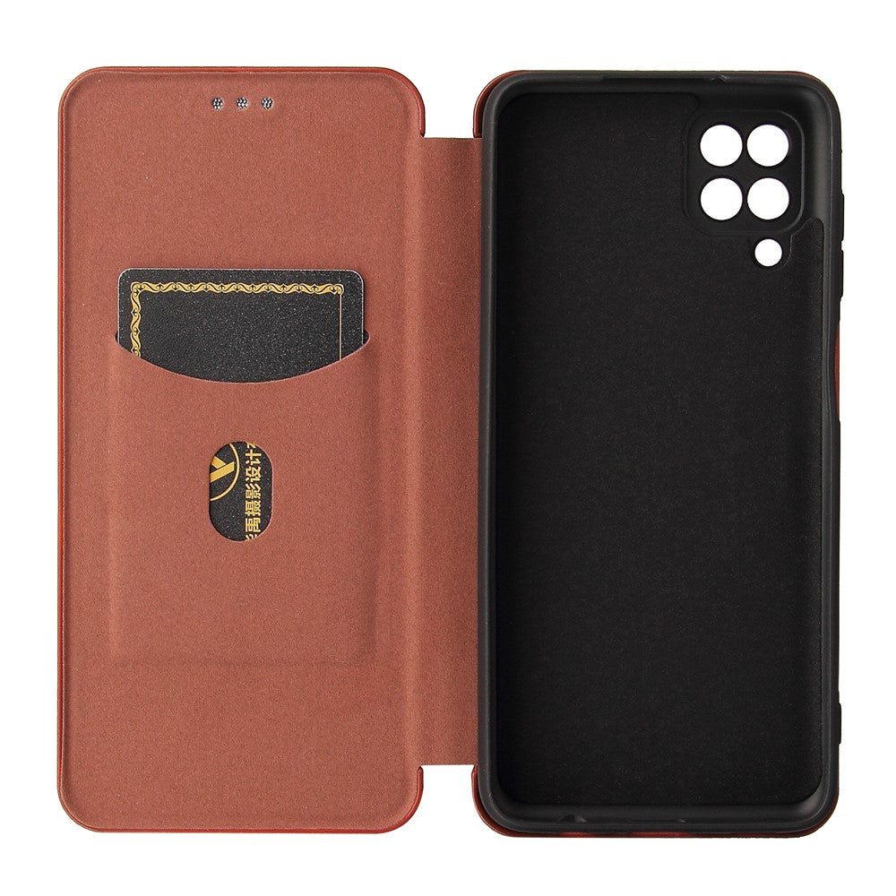 Auto-absorbed Carbon Fiber Texture Card Slot Leather Phone Case for Samsung Galaxy M12/F12 - Orange