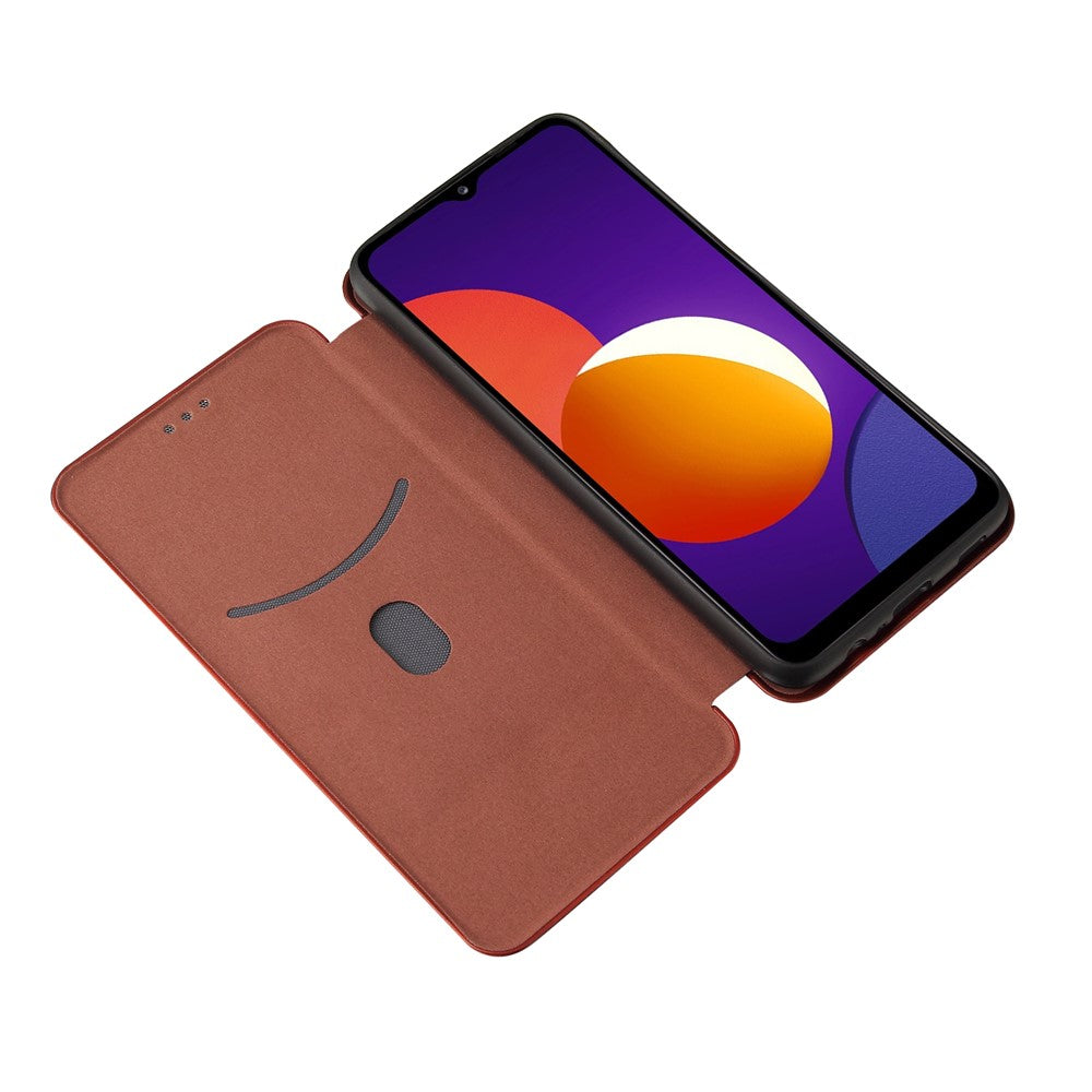 Auto-absorbed Carbon Fiber Texture Card Slot Leather Phone Case for Samsung Galaxy M12/F12 - Orange