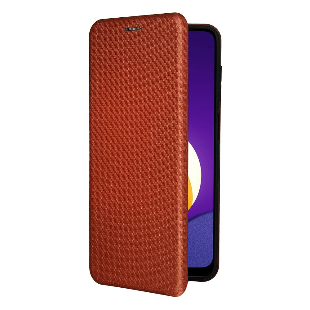Auto-absorbed Carbon Fiber Texture Card Slot Leather Phone Case for Samsung Galaxy M12/F12 - Orange