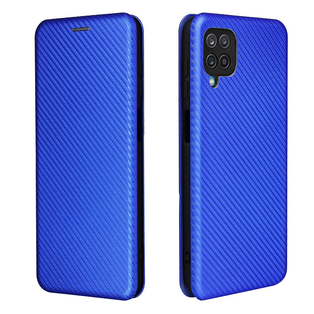 Auto-absorbed Carbon Fiber Texture Card Slot Leather Phone Case for Samsung Galaxy M12/F12 - Blue