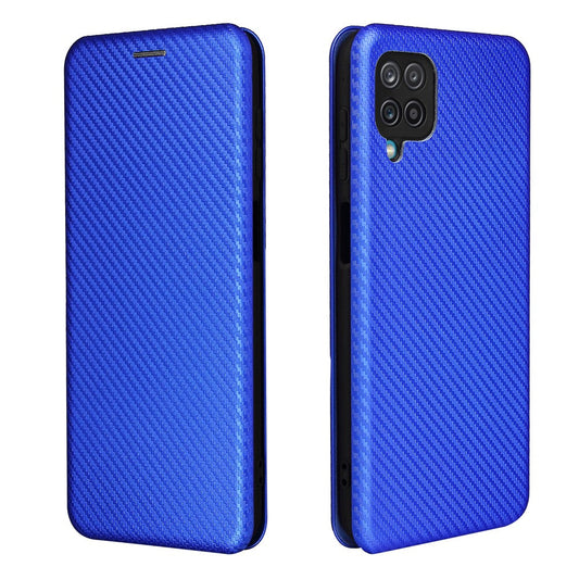 Auto-absorbed Carbon Fiber Texture Card Slot Leather Phone Case for Samsung Galaxy M12/F12 - Blue