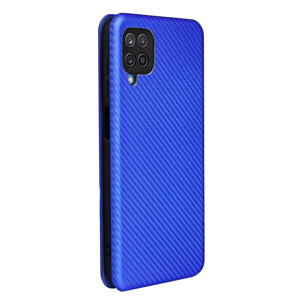 Auto-absorbed Carbon Fiber Texture Card Slot Leather Phone Case for Samsung Galaxy M12/F12 - Blue