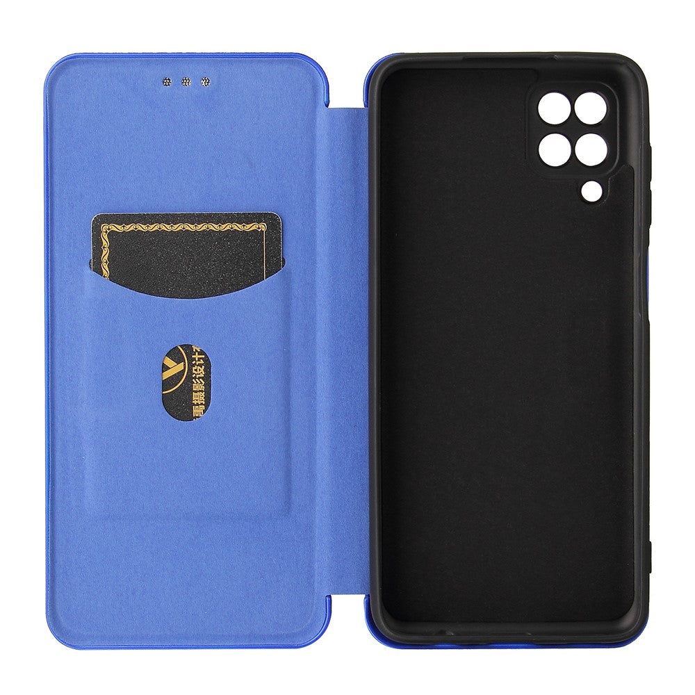Auto-absorbed Carbon Fiber Texture Card Slot Leather Phone Case for Samsung Galaxy M12/F12 - Blue