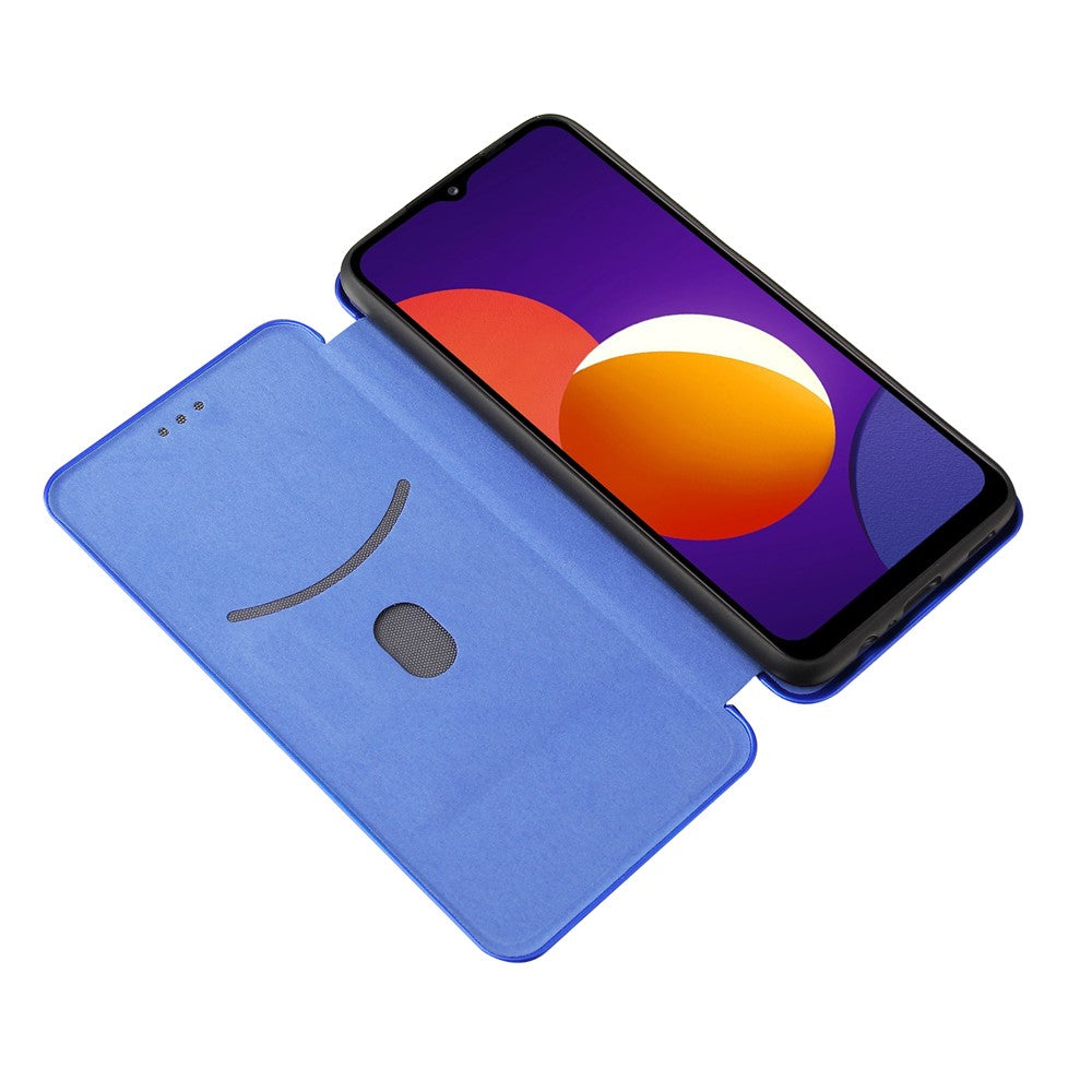 Auto-absorbed Carbon Fiber Texture Card Slot Leather Phone Case for Samsung Galaxy M12/F12 - Blue