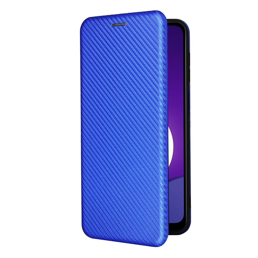 Auto-absorbed Carbon Fiber Texture Card Slot Leather Phone Case for Samsung Galaxy M12/F12 - Blue