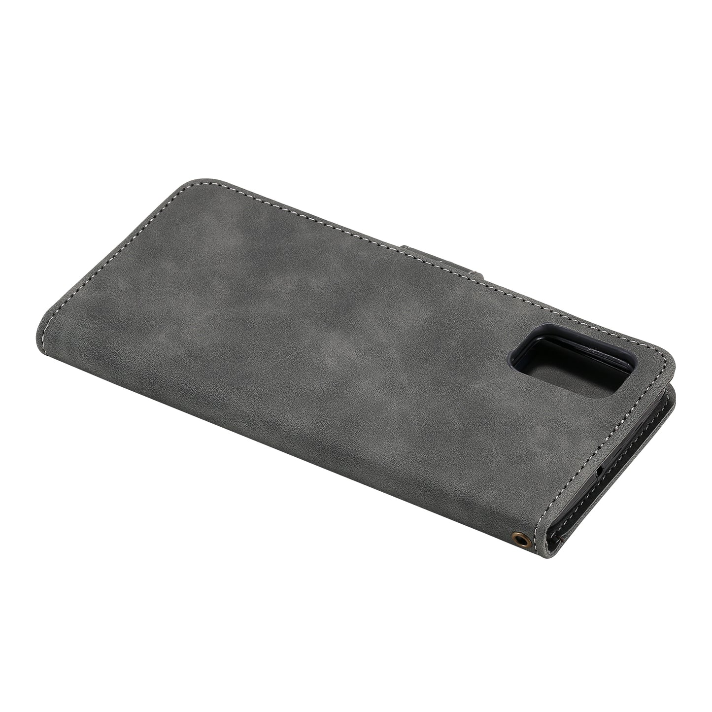 Skin-Feel Tri-Color Splicing PU Leather Wallet Phone Case Stand Cover for Samsung Galaxy S20 FE 2022/S20 FE 4G/S20 FE 5G/S20 Lite - Grey
