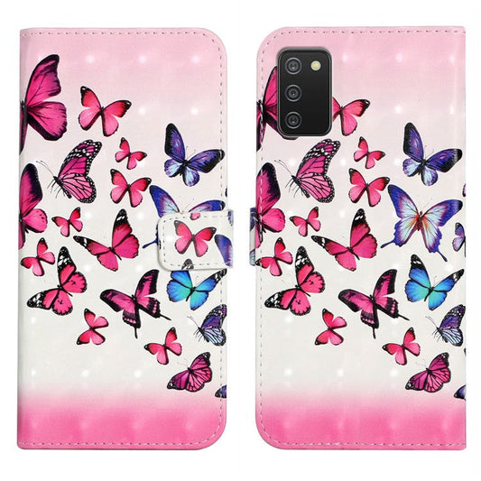 3D Cute Pattern Printing Wallet PU Leather Wallet Case Flip Folio Stand View for Samsung Galaxy A02s (164.2x75.9x9.1mm) / M02s - Pink/Blue Butterfly